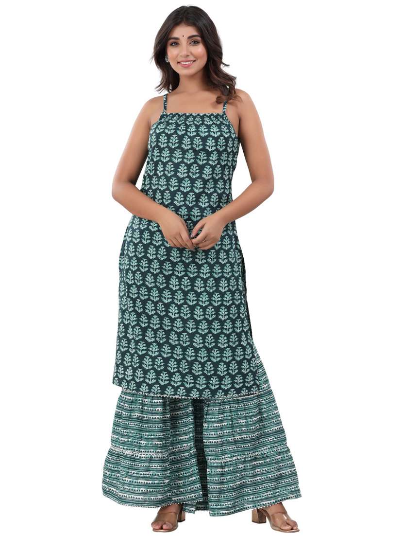 women printed sleeveless kurta sharara set