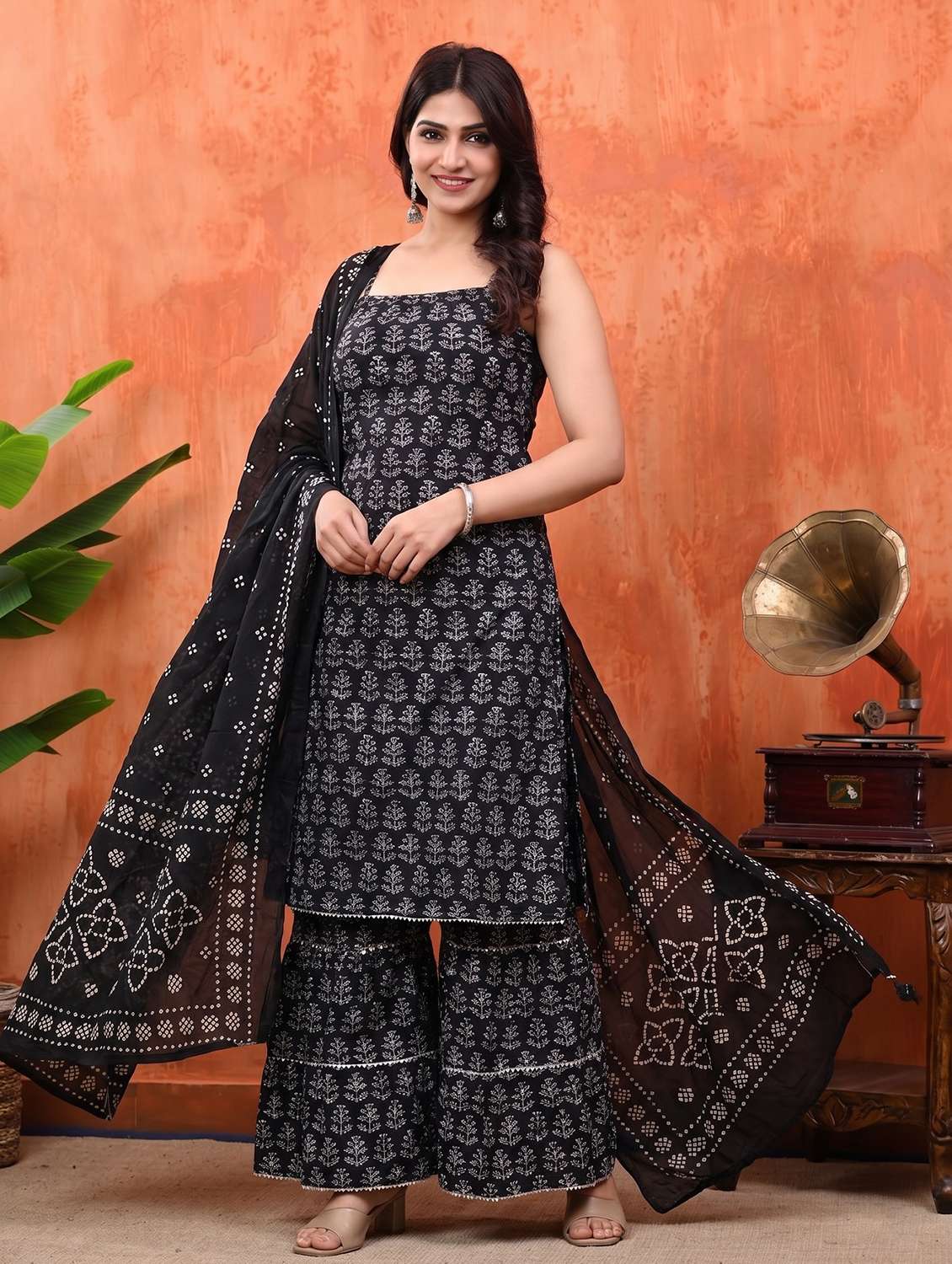 women black printed kurta sharara set
