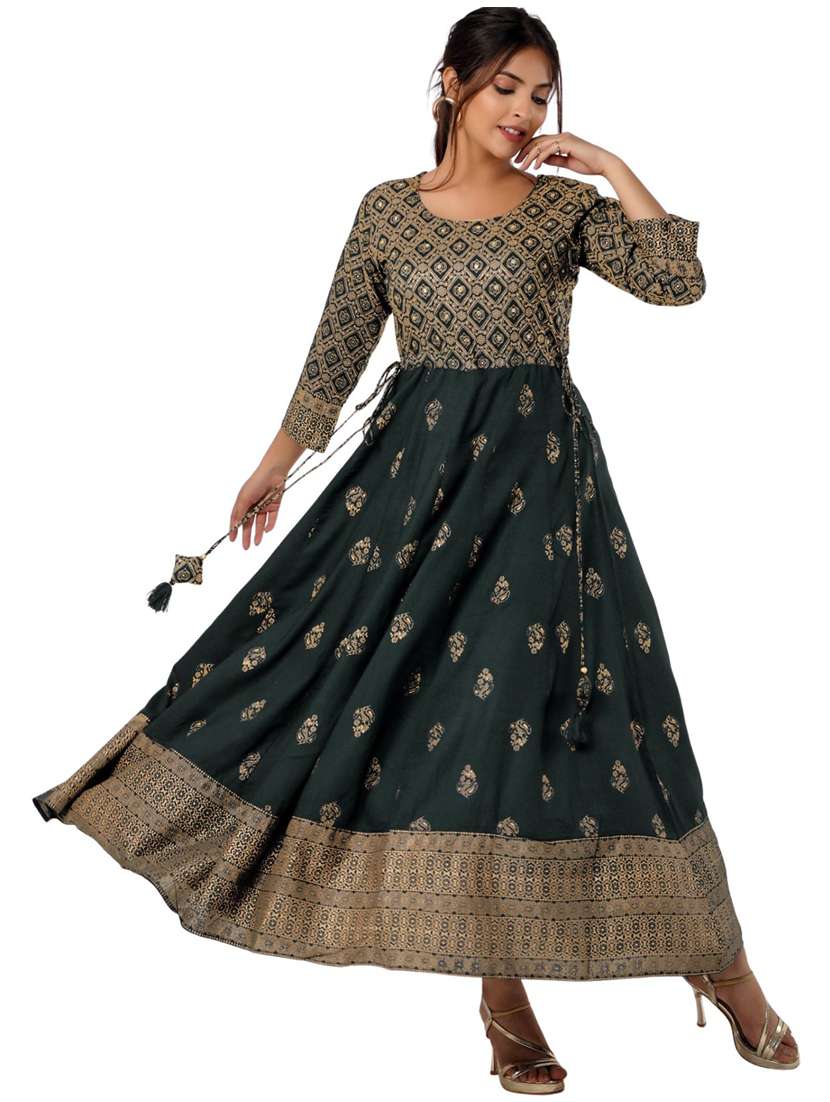 women bottle green foil printed anarkali kurta