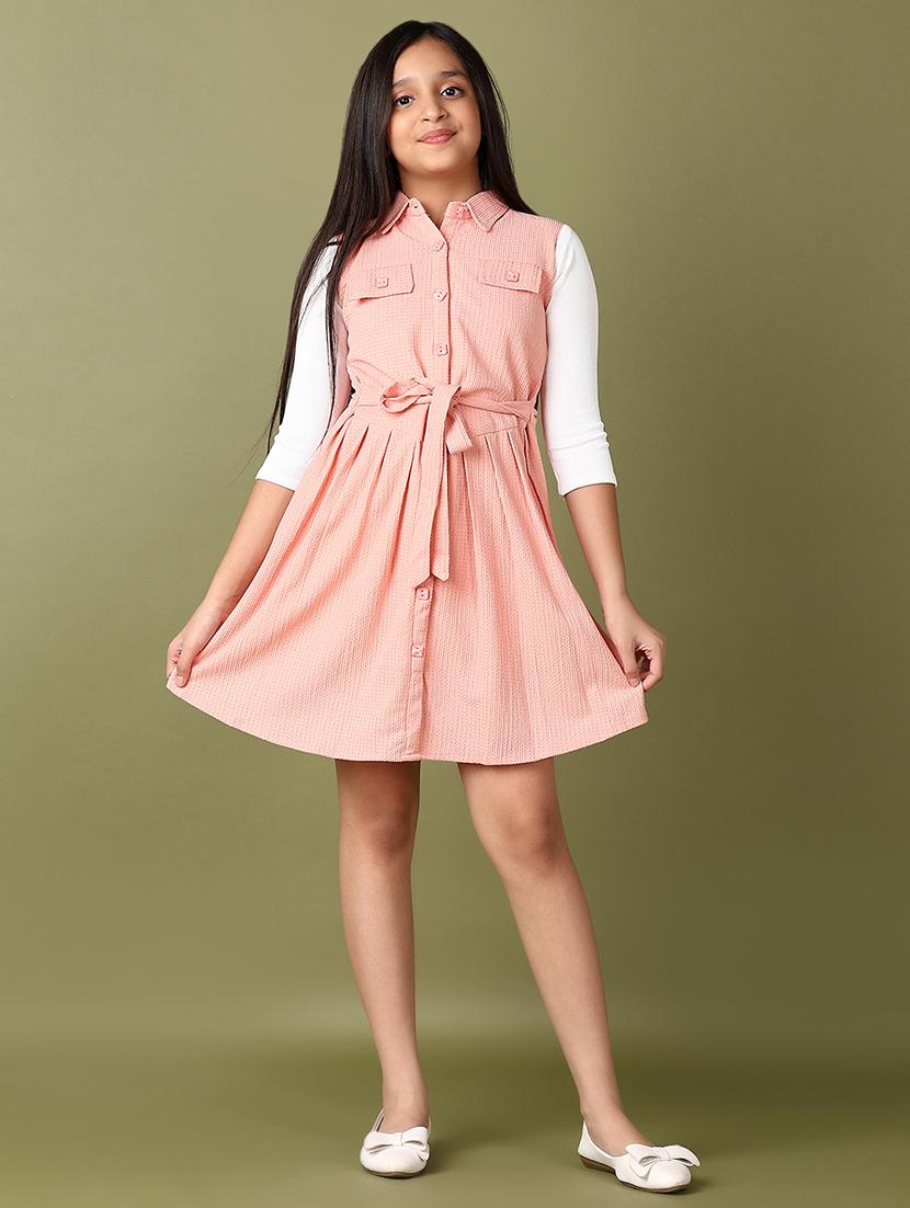 girls peach solid fit & flare dress - 21560897 - Standard Image - 1