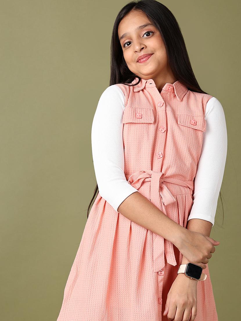 girls peach solid fit & flare dress - 21560897 - Standard Image - 4