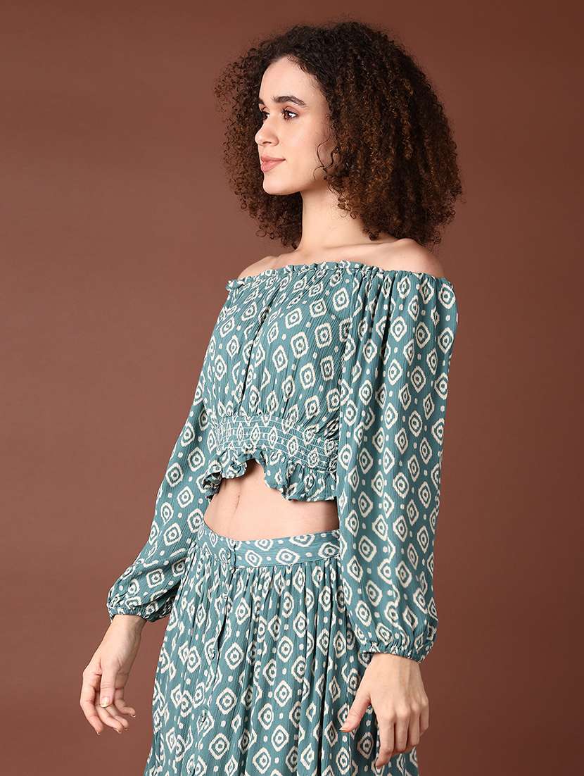 women teal printed puff sleeve crop top - 21561308 -  Standard Image - 1