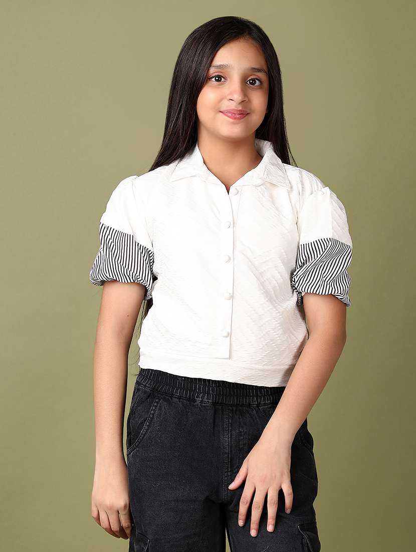 girls white solid puff sleeve top