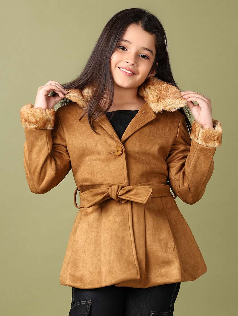 girls brown solid long sleeve trench coat - 21561349 -  Standard Image - 1