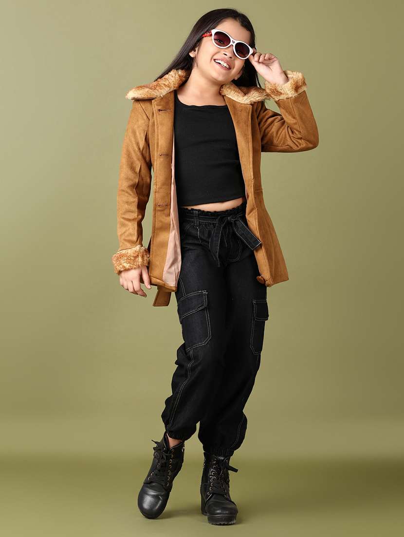 girls brown solid long sleeve trench coat - 21561349 - Standard Image - 4