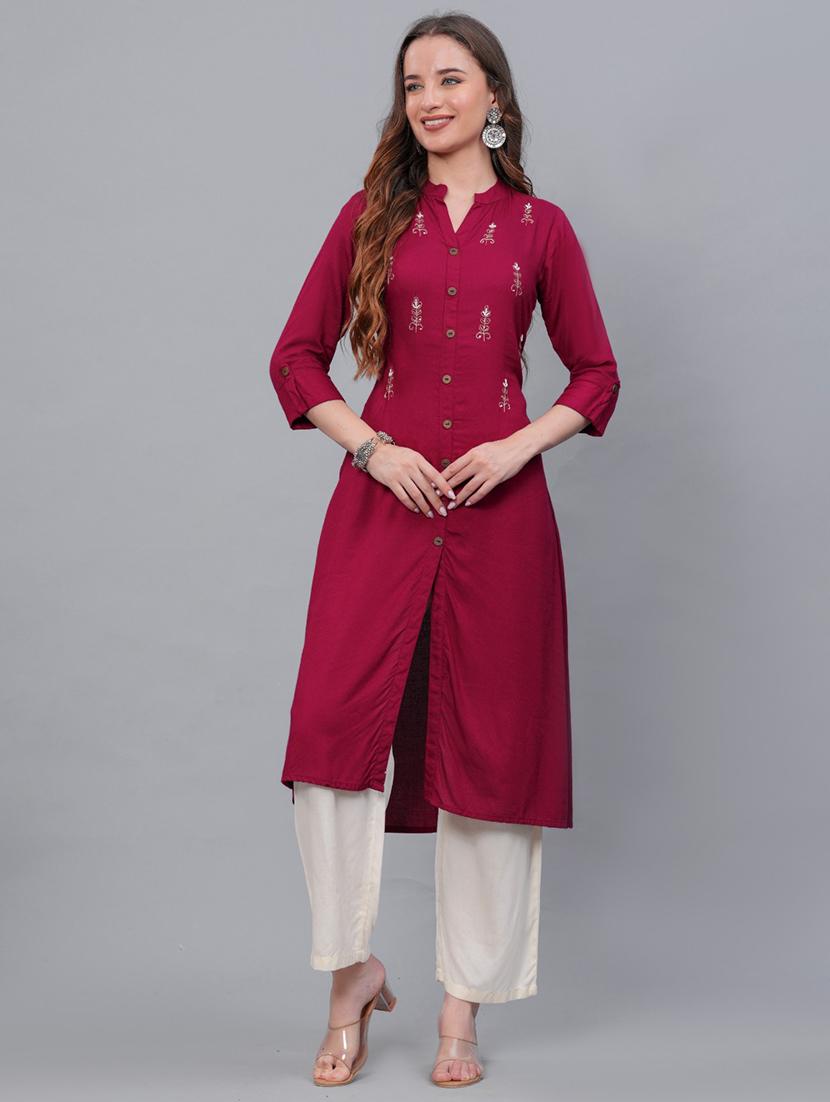 women maroon mandarin neck kurta palazzo set - 21561615 - Standard Image - 1