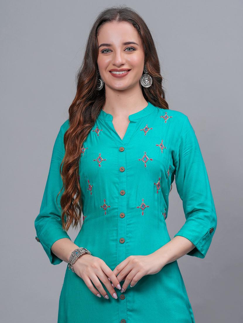 women turquoise mandarin neck kurta palazzo set - 21561635 - Standard Image - 4