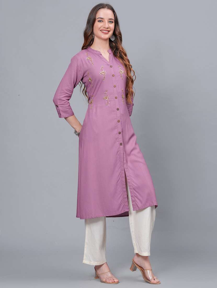 women purple mandarin neck kurta palazzo set - 21561655 - Standard Image - 1