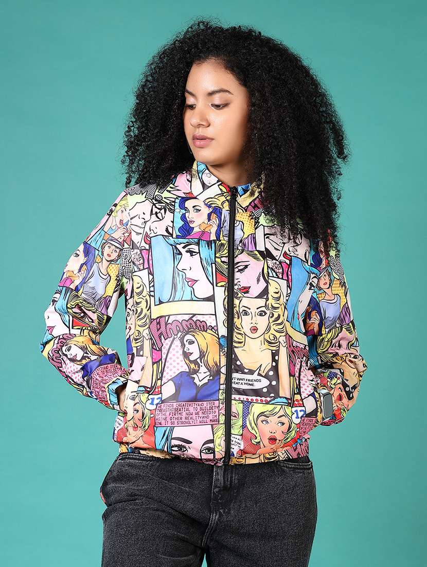 women printed stand collar long sleeves jacket