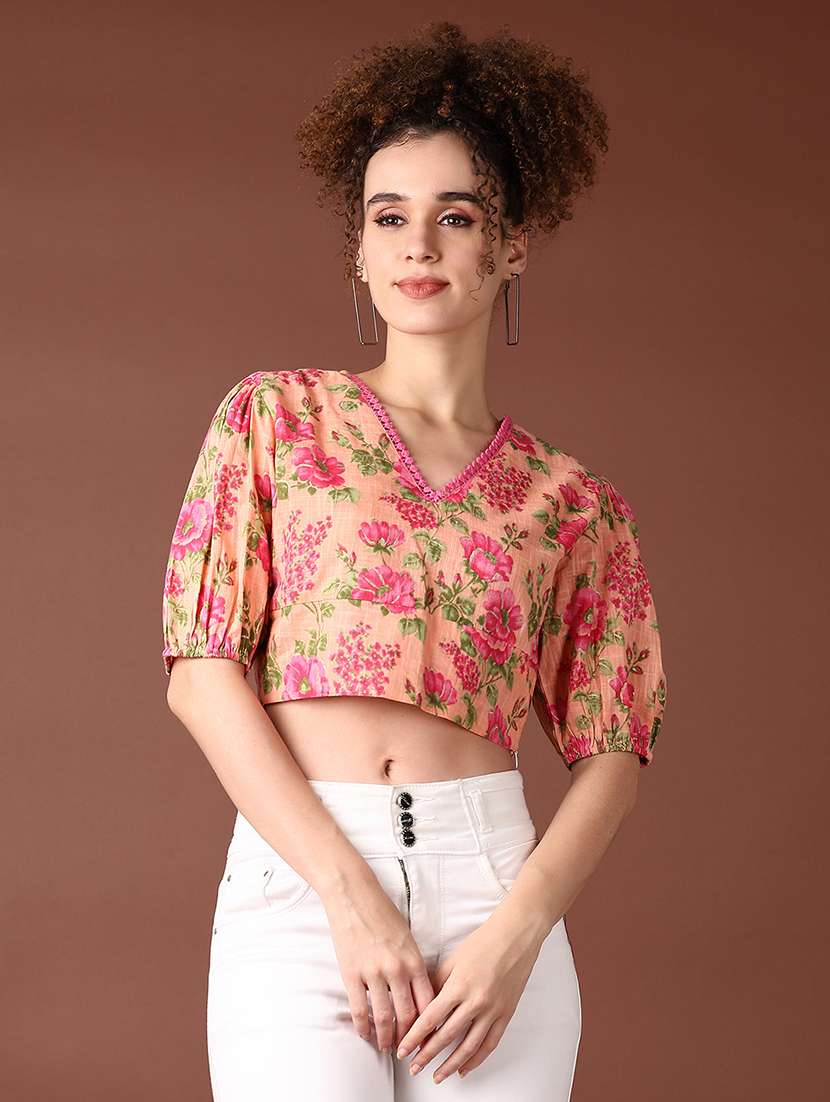 women floral printed puff sleeve crop top