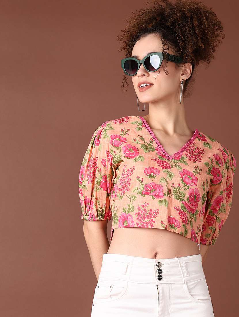 women floral printed puff sleeve crop top - 21561707 -  Standard Image - 1