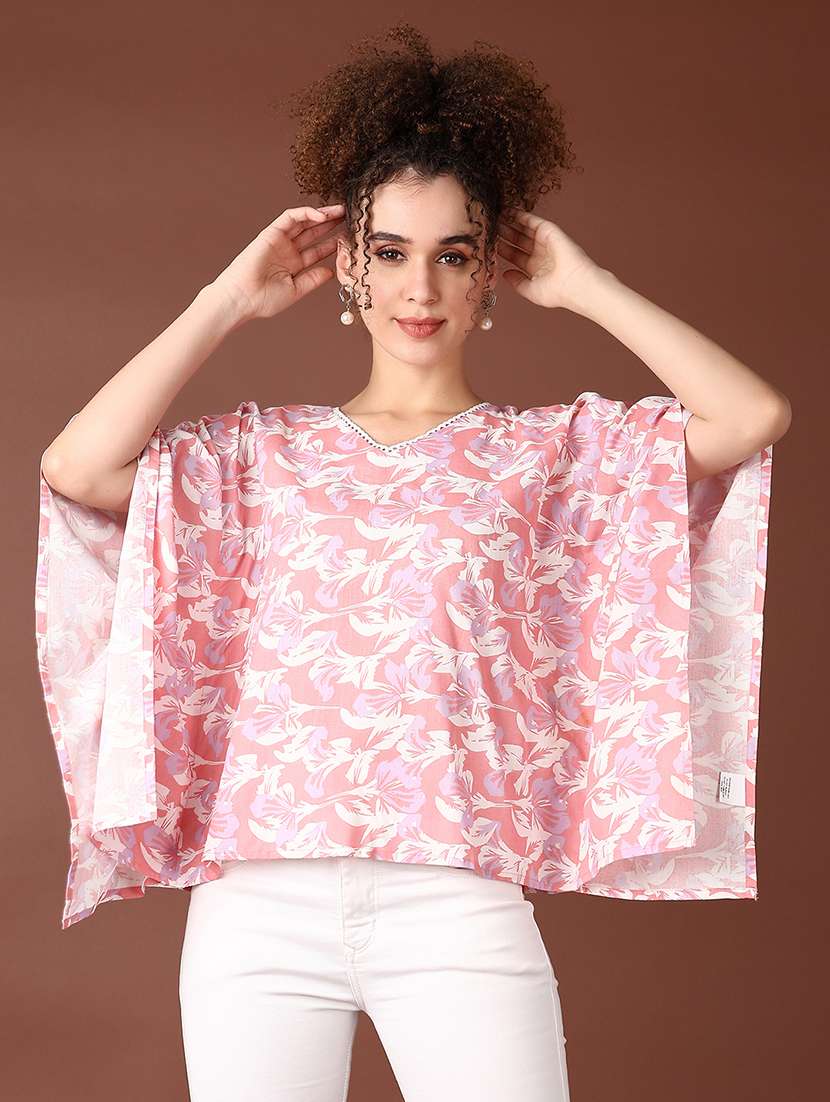 women pink floral print kaftan top