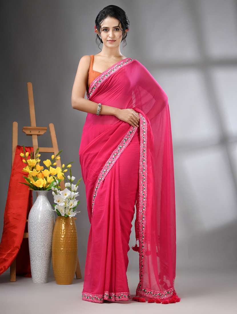 women solid with bordered saree 