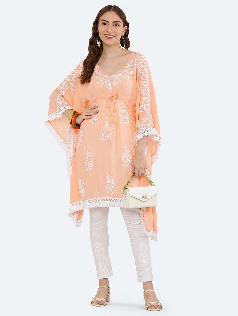 women floral embroidered lace detailed kaftan 
