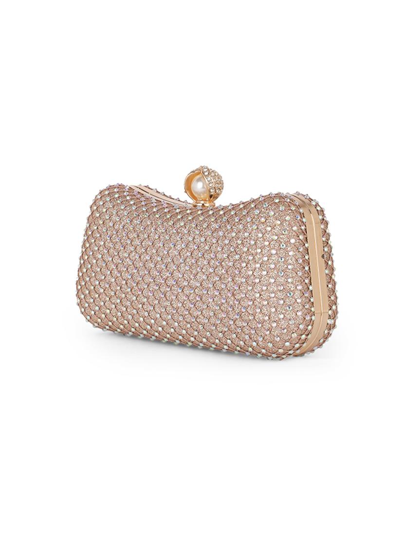 women gold metal emebllished box clutch - 21562385 - Standard Image - 4
