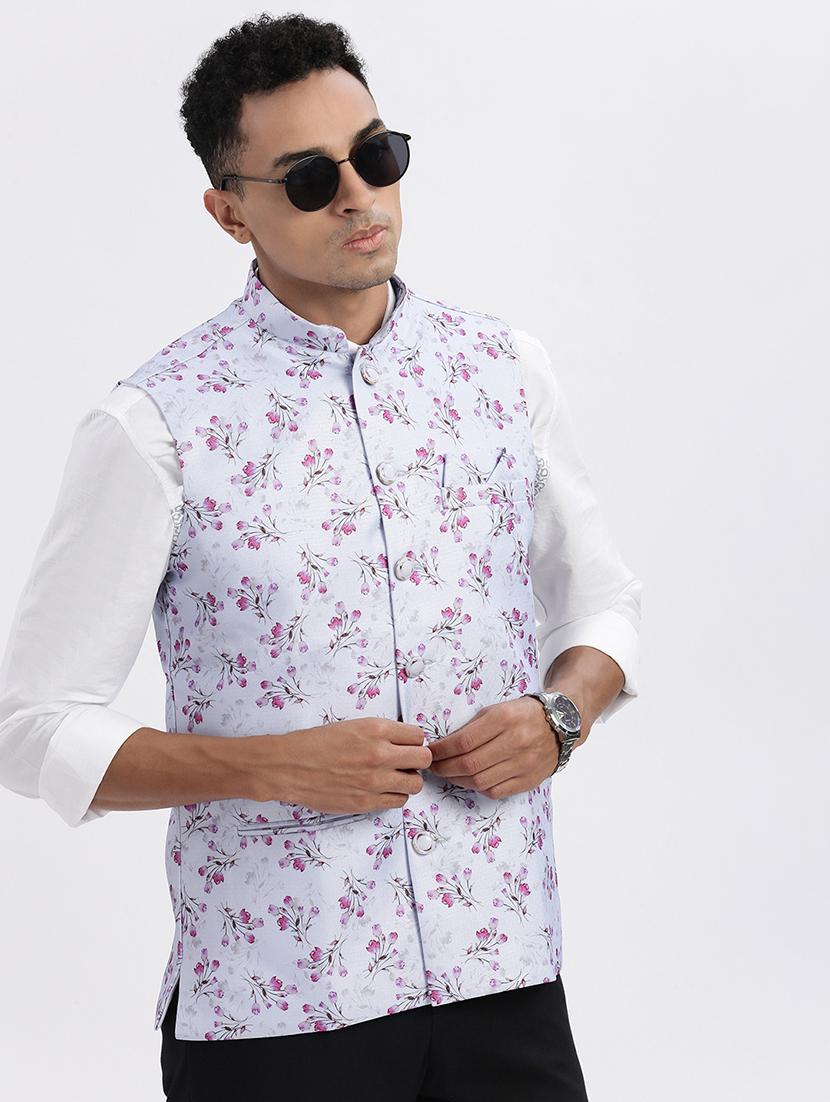 men floral mandarian neck nehru jacket - 21562490 - Standard Image - 1