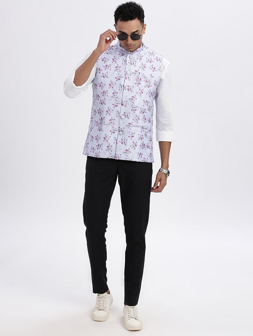 men floral mandarian neck nehru jacket - 21562490 - Standard Image - 4