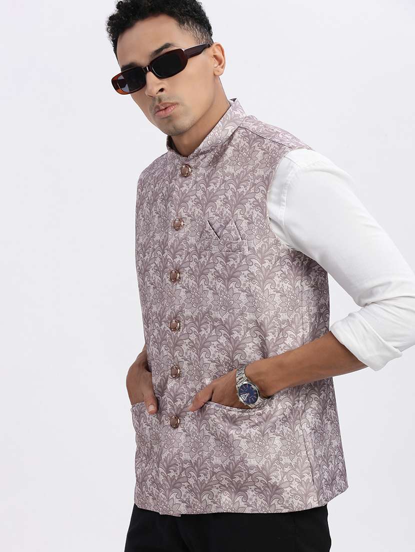 men paisley mandarian neck nehru jacket - 21562492 -  Standard Image - 1
