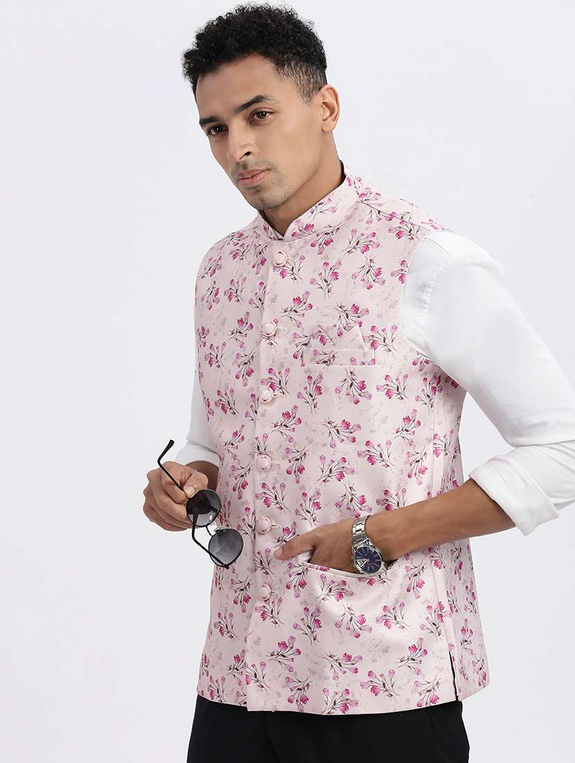 men floral mandarian neck nehru jacket - 21562495 -  Standard Image - 1