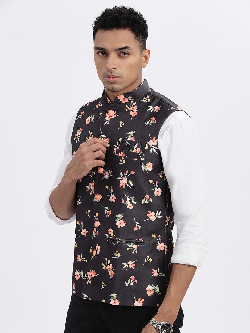 men floral mandarian neck nehru jacket - 21562500 - Standard Image - 1