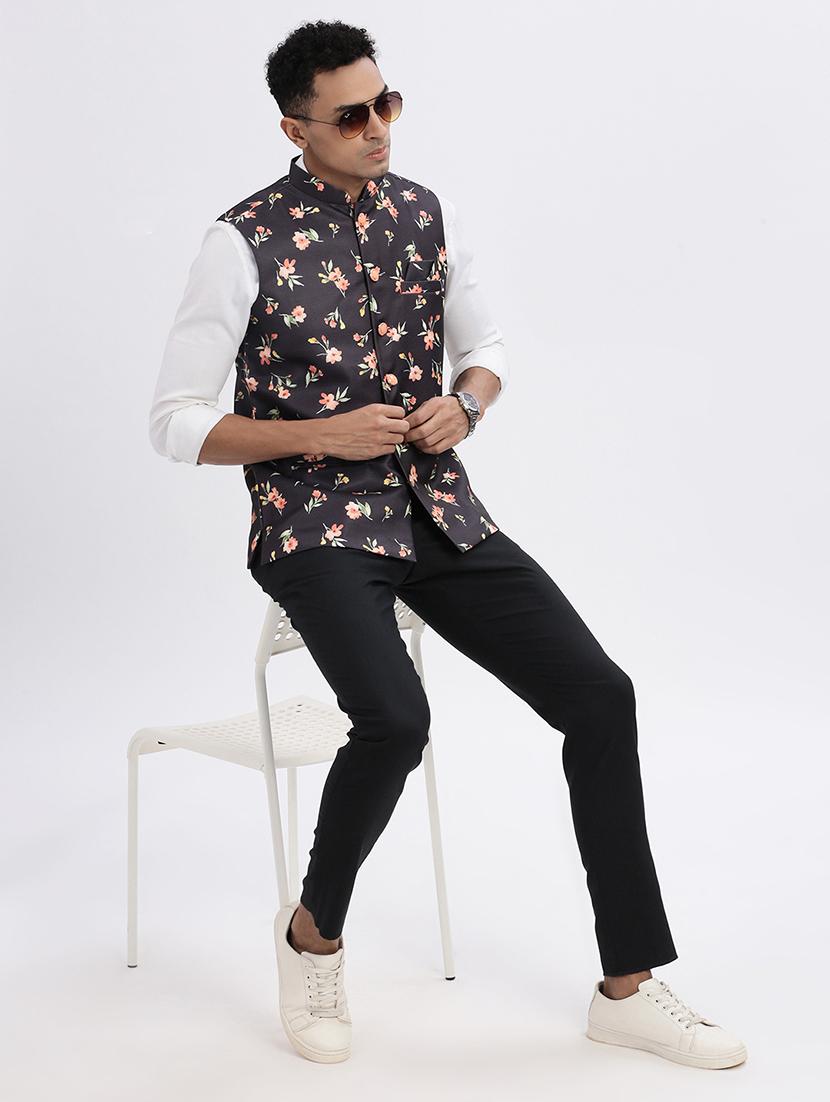 men floral mandarian neck nehru jacket - 21562500 - Standard Image - 4