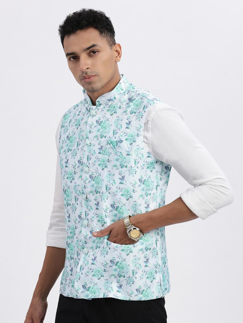 men floral mandarian neck nehru jacket - 21562501 - Standard Image - 1