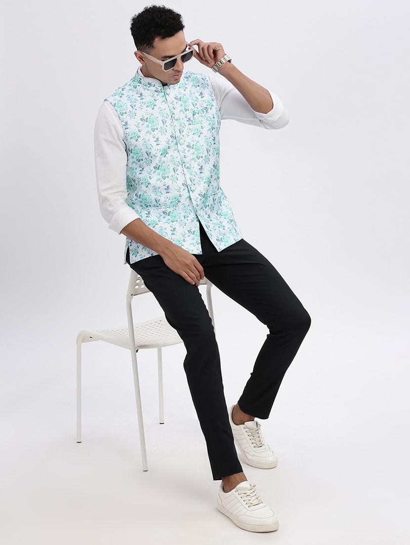 men floral mandarian neck nehru jacket - 21562501 - Standard Image - 4