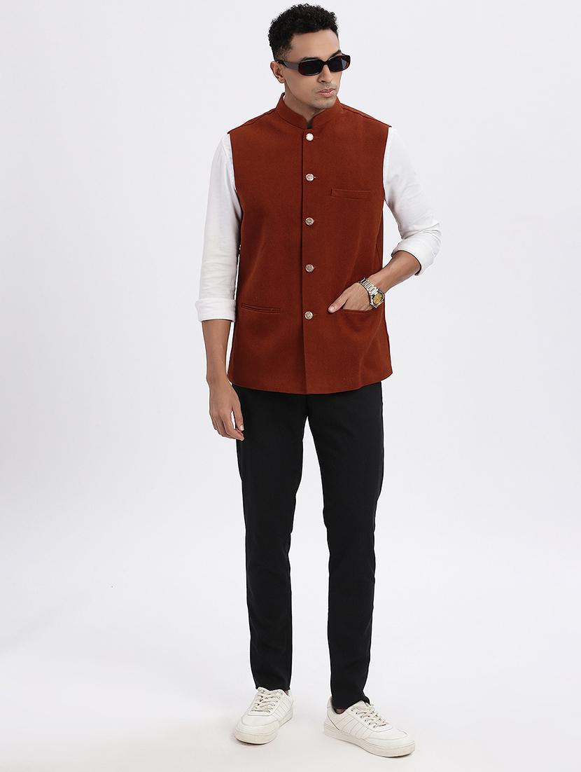 men solid mandarian neck nehru jacket - 21562502 - Standard Image - 4