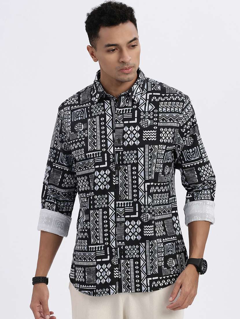 men geometric long sleeve casual shirt