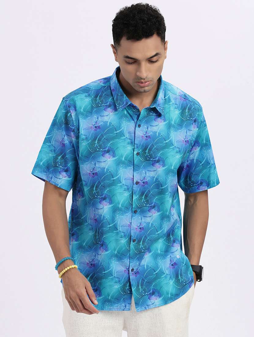 men abstract short sleeve casual shirt
