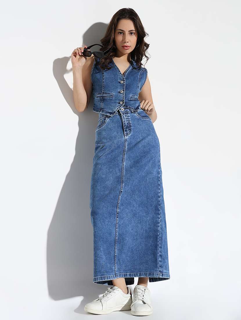 women solid denim top and skirt co-ord set - 21562595 -  Standard Image - 1