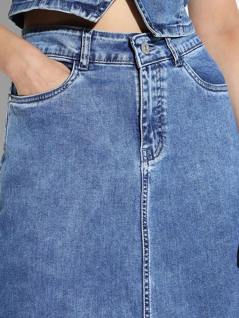 women solid denim top and skirt co-ord set - 21562595 -  Standard Image - 6