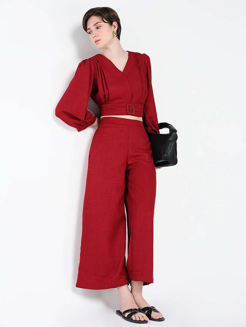 women solid top and trouser co-ord set - 21562622 -  Standard Image - 1