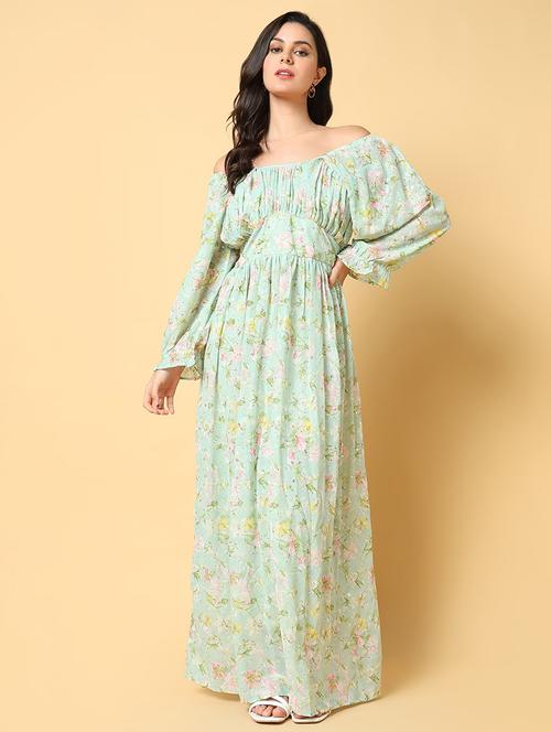 women printed off shoulder fit & flare dress - 21562629 -  Standard Image - 0