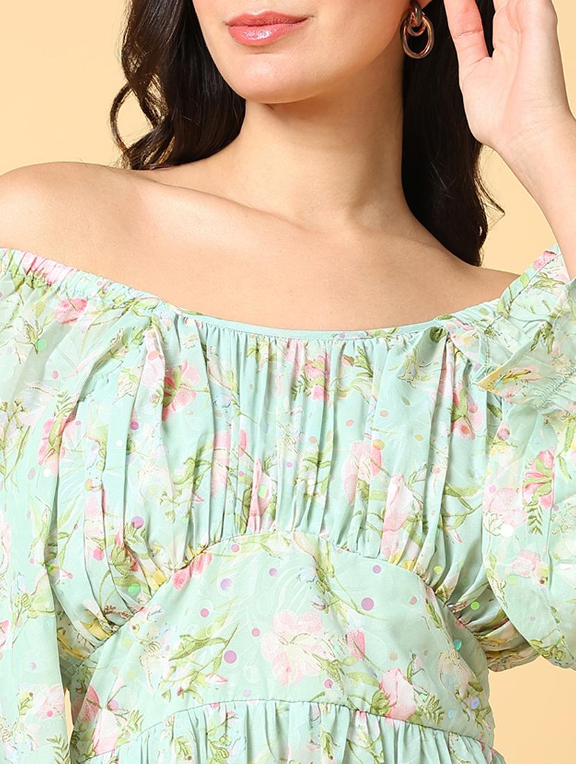 women printed off shoulder fit & flare dress - 21562629 - Standard Image - 6