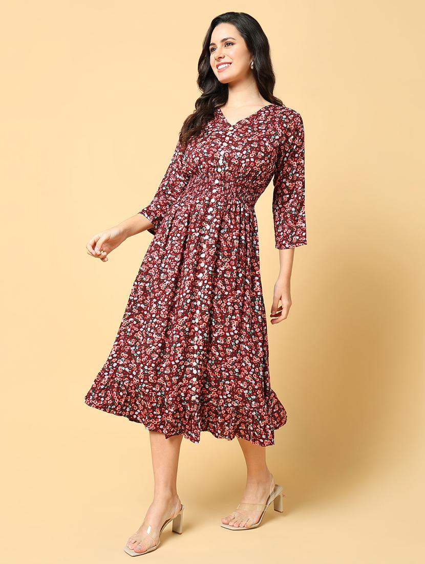 women printed three quarter sleeve fit & flare dress - 21562634 -  Standard Image - 1