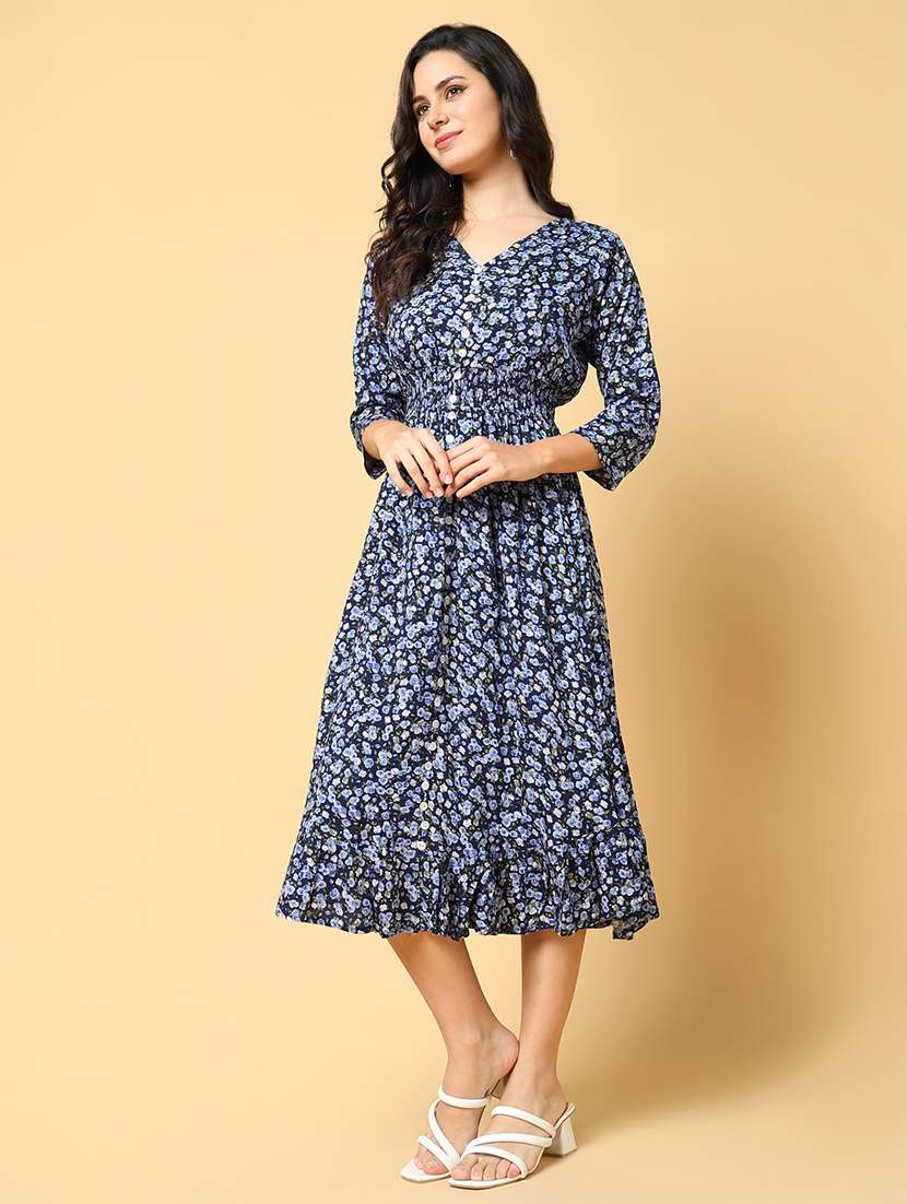 women printed three quarter sleeve fit & flare dress - 21562635 -  Standard Image - 1