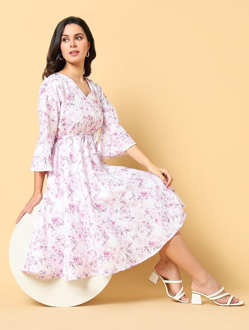 women printed bell sleeve fit & flare dress - 21562648 - Standard Image - 4