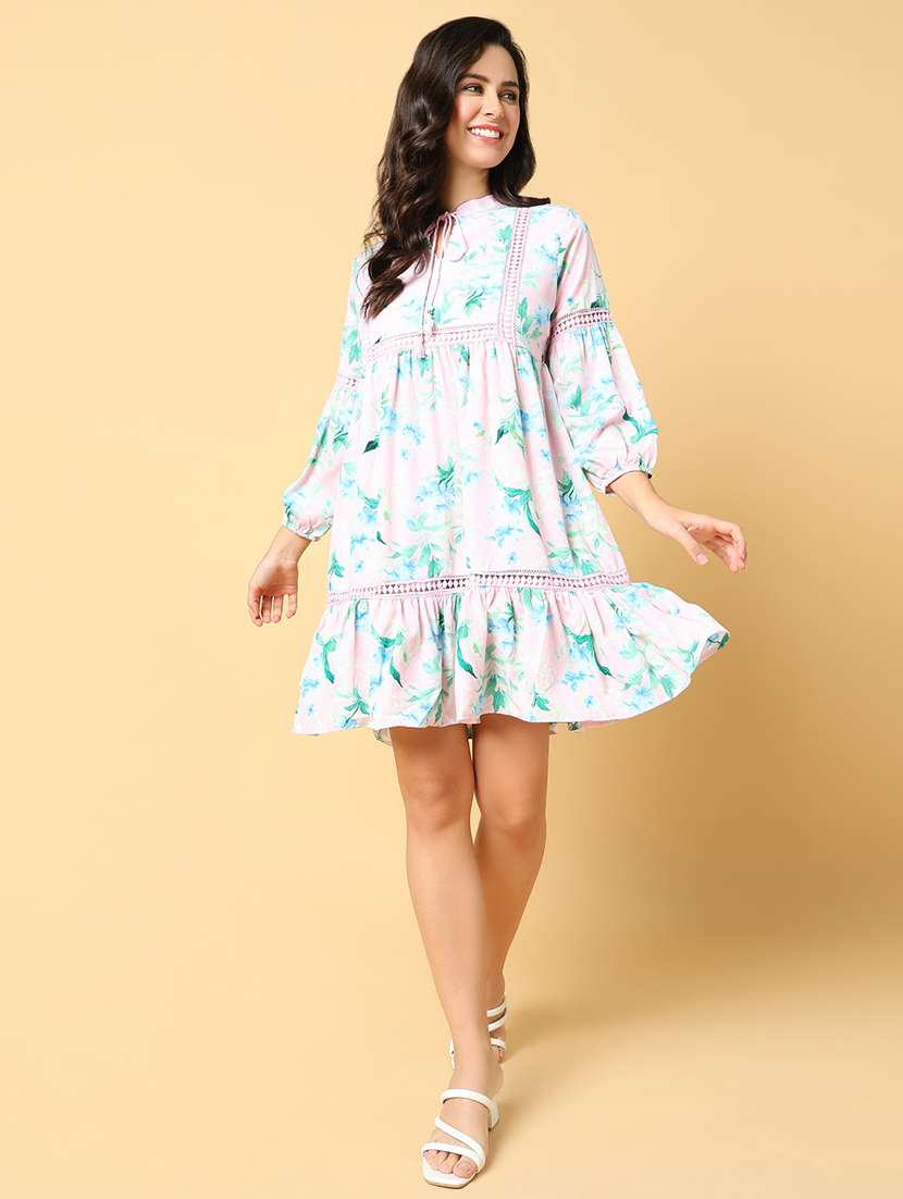 women printed puff sleeves tiered dress