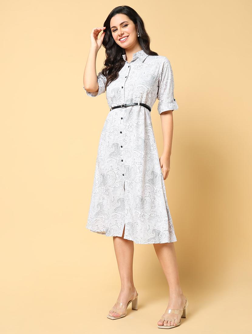 women printed collared roll up a-line dress - 21562654 -  Standard Image - 1