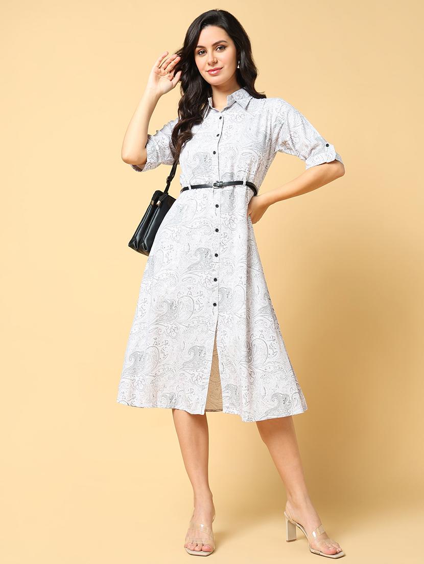 women printed collared roll up a-line dress - 21562654 - Standard Image - 4