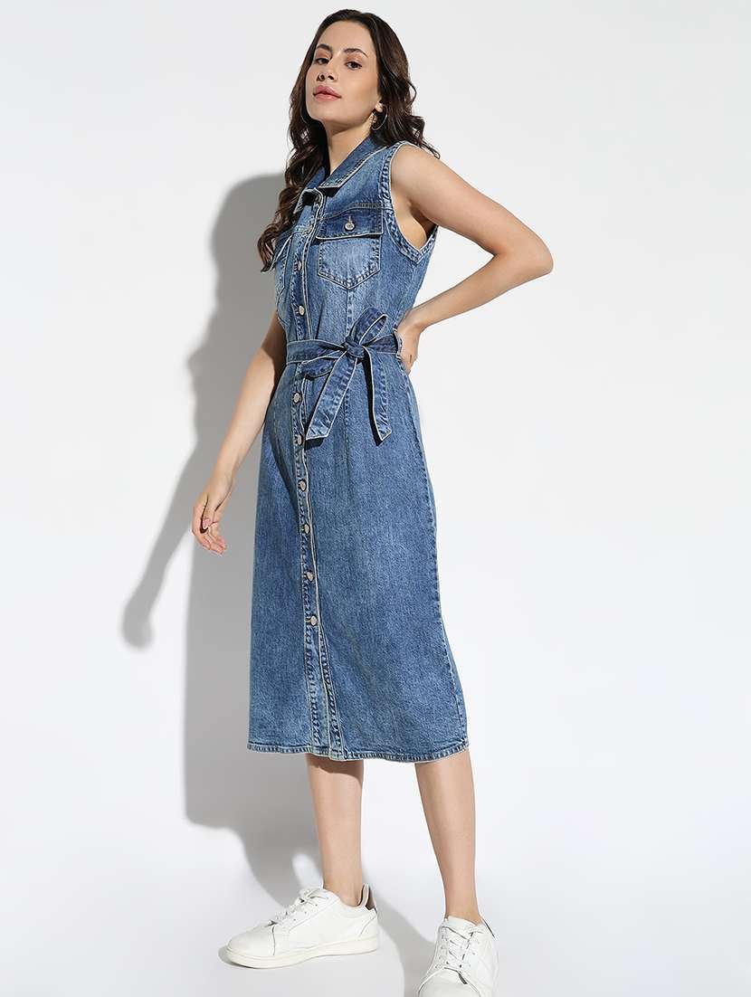 women solid collared shirt dress with belt - 21562658 -  Standard Image - 1