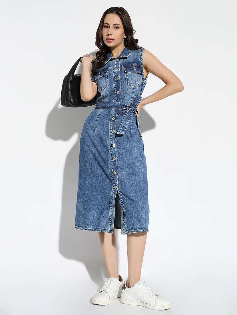 women solid collared shirt dress with belt - 21562658 - Standard Image - 4