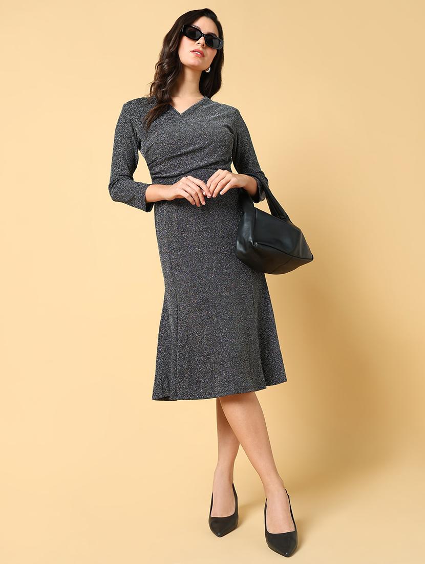 women self design three quarter sleeves fit & flare dress - 21562661 -  Standard Image - 1