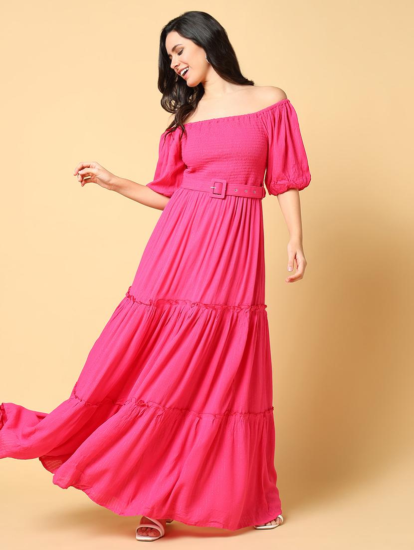 women solid off shoulder tiered dress - 21562680 -  Standard Image - 1