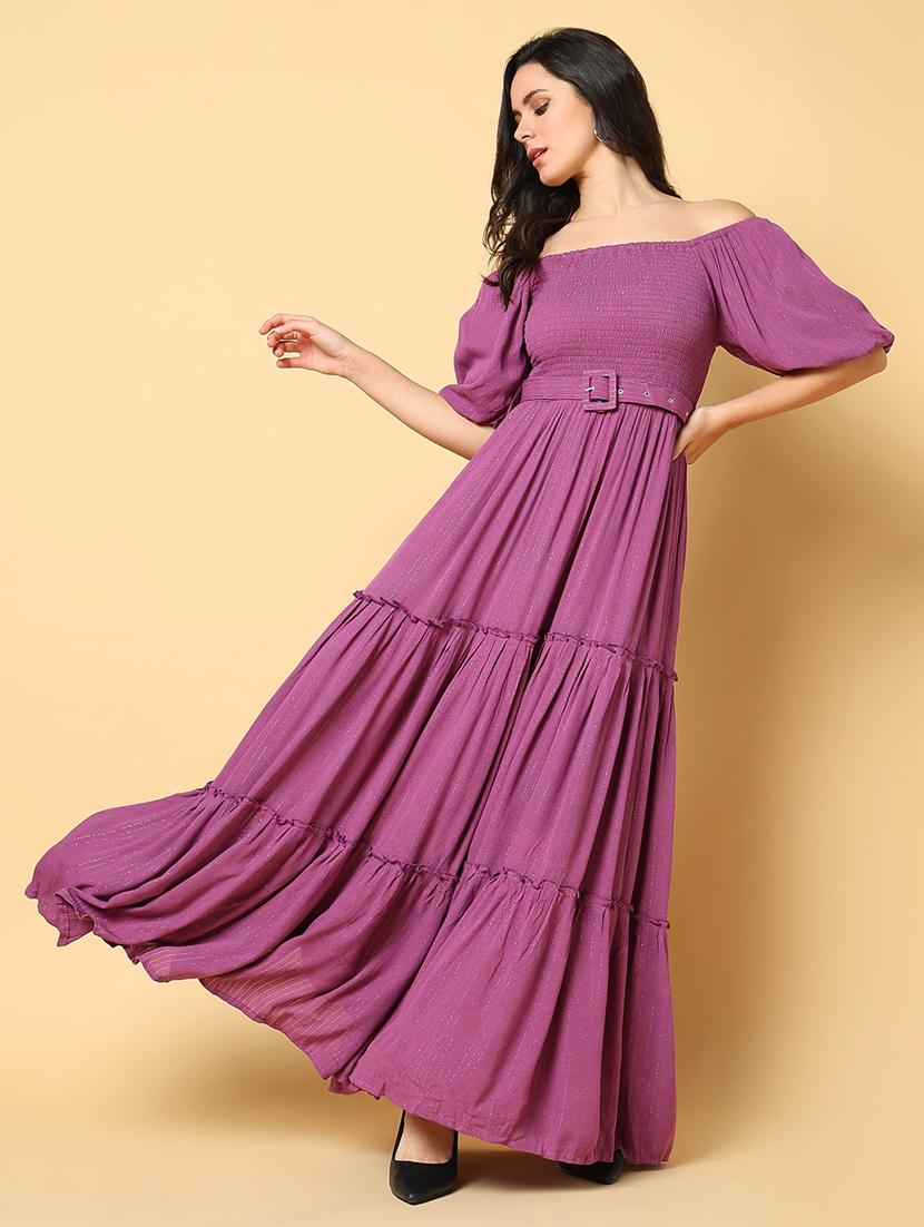 women solid off shoulder tiered dress - 21562681 -  Standard Image - 1