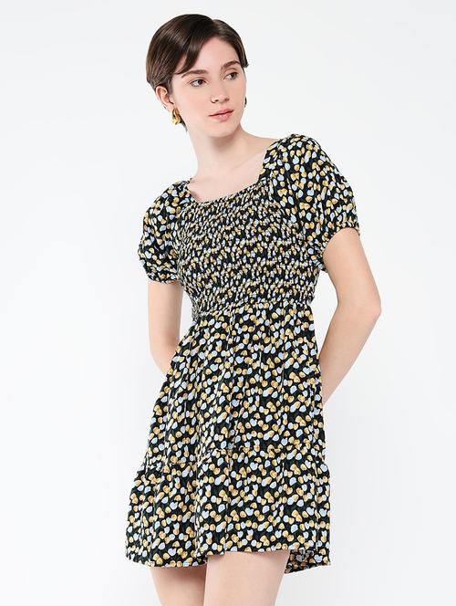 women printed puff sleeves fit & flare dress - 21562688 - Standard Image - 0