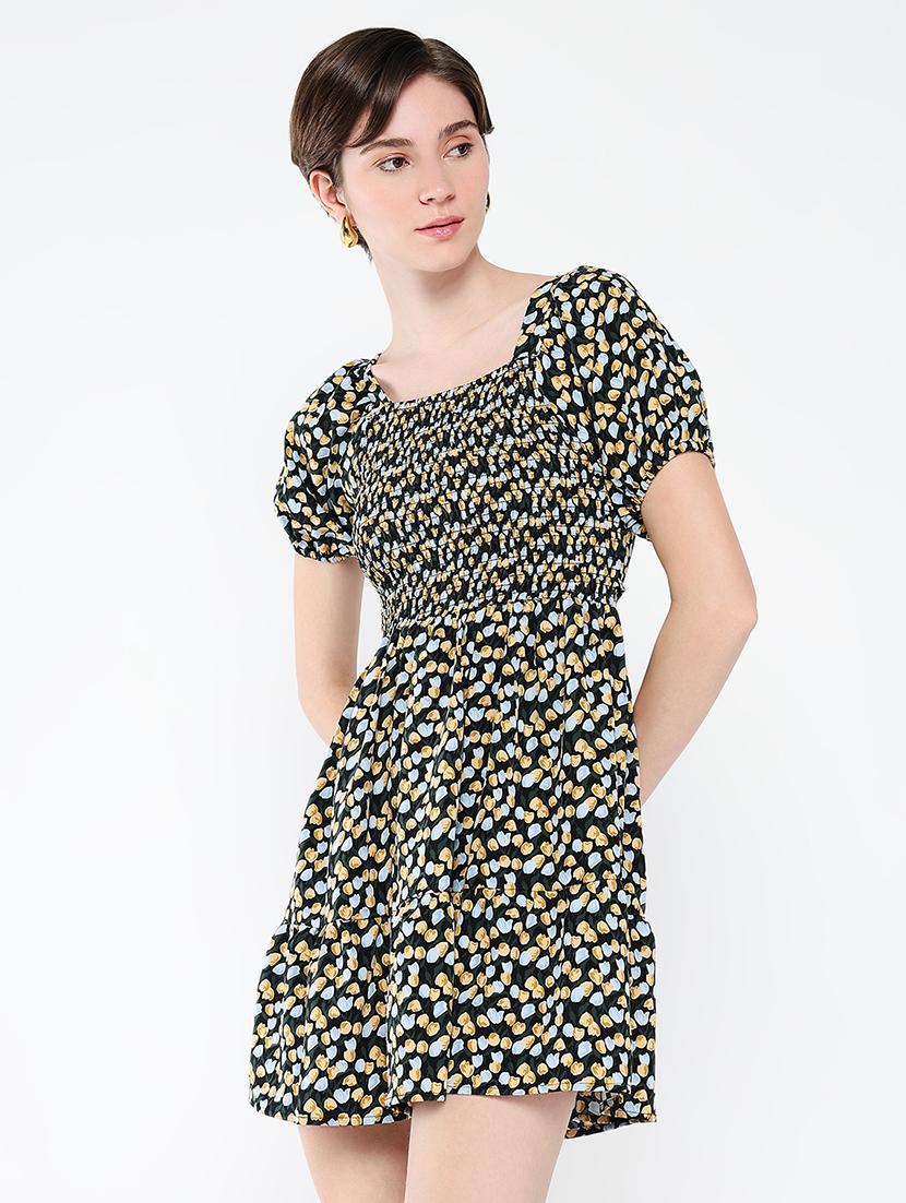 women printed puff sleeves fit & flare dress - 21562688 - Zoom Image - 0