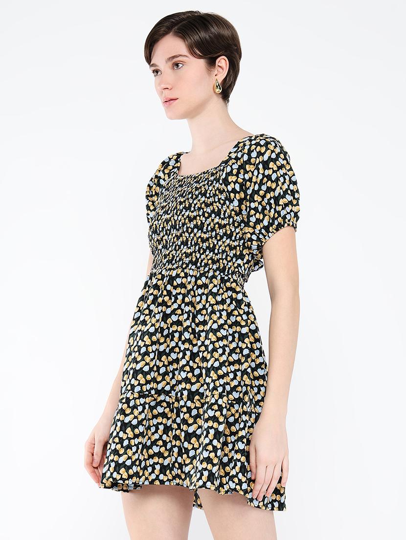 women printed puff sleeves fit & flare dress - 21562688 - Standard Image - 1