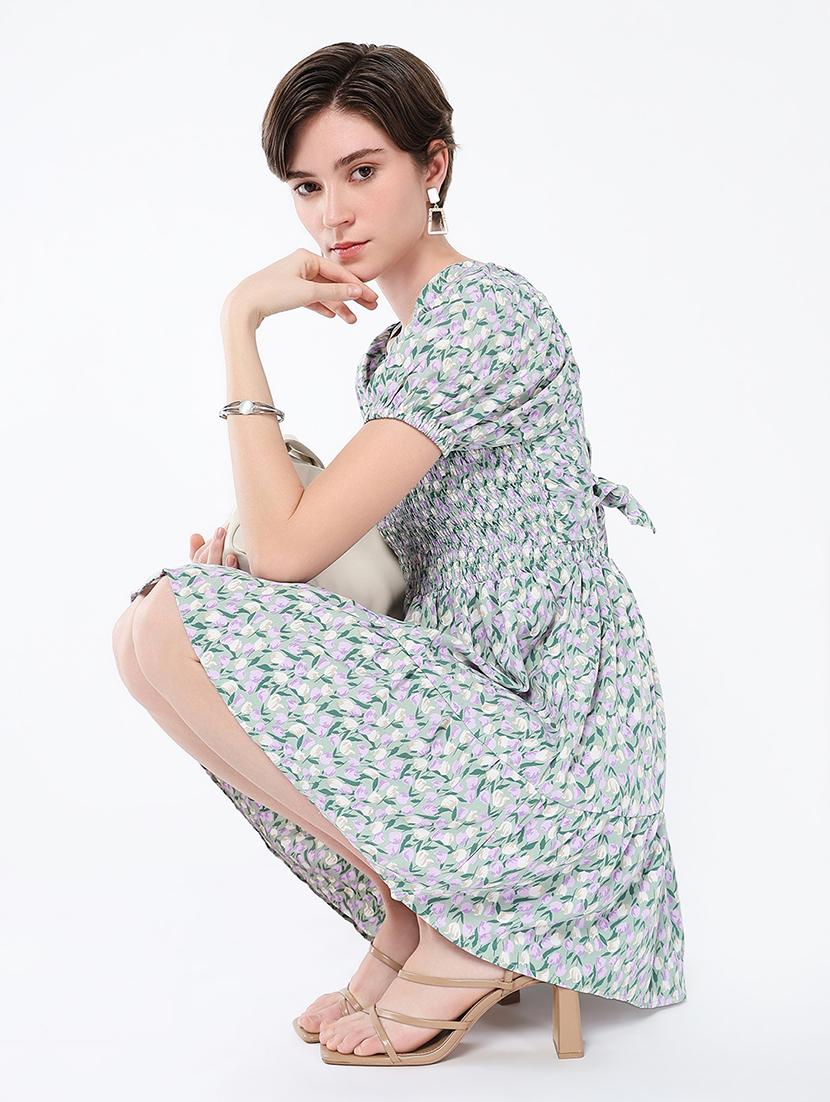 women printed puff sleeves fit & flare dress - 21562689 - Standard Image - 4